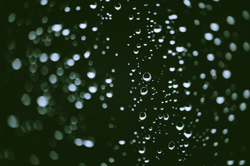 Dirty window glass with drops of rain. Atmospheric green background with raindrops in bokeh. Droplets and stains close up. Detailed transparent texture in macro with copy space. Rainy weather.