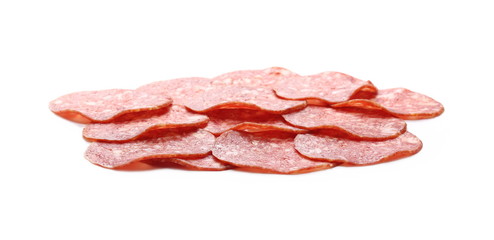 Salami sausage slices isolated on white background