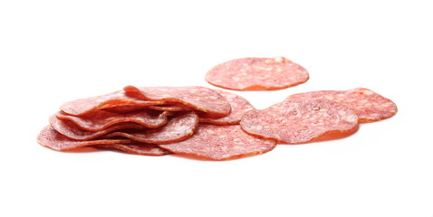 Salami sausage slices isolated on white background