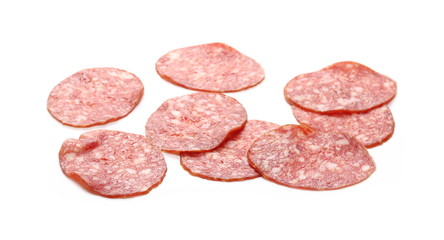 Salami sausage slices isolated on white background