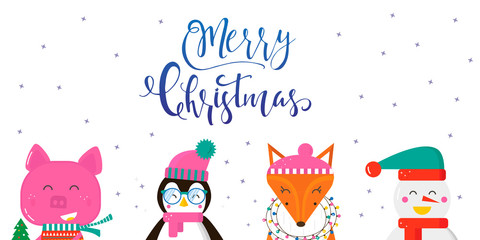 Merry Christmas greeting card with cute animals: pig,  penguin, fox and snowman and hand drawn lettering