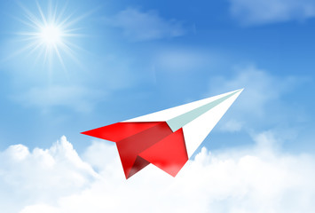 paper airplane red flying up to sky. beautiful natural landscape. to the target. startup. concept of business success. creative idea. leadership. cartoon vector illustration