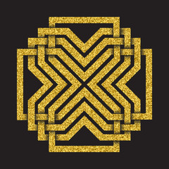 Golden glittering logo symbol in Celtic style on black background. Tribal symbol in magic cross form. Gold stamp for jewelry design.