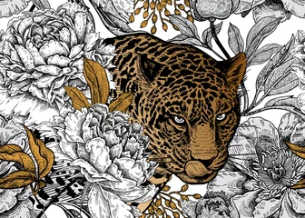 Nahtloses Blumenmuster mit Leopard und Pfingstrosen. © marinavorona
