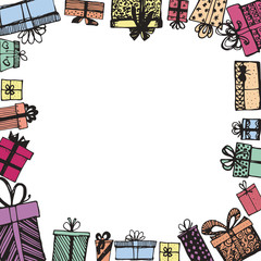 Frame made of gifts. Vector template of magazines, posters, book cover .Gifts around ad. Shopping sale banner. Hand drawn. Vector illustration