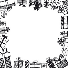 Frame made of gifts. Vector template of magazines, posters, book cover .Gifts around ad. Shopping sale banner. Hand drawn. Vector illustration