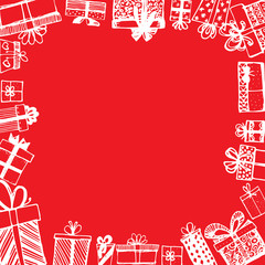 Frame made of gifts. Vector template of magazines, posters, book cover .Gifts around ad. Shopping sale banner. Hand drawn. Vector illustration