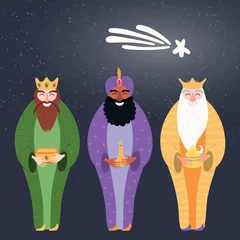 Foto op Plexiglas Hand getekende vectorillustratie van drie koningen van orient met geschenken, ster. Geïsoleerde objecten op donkere achtergrond. Platte stijl ontwerp. Concept, element voor Driekoningenkaart, banner. © Maria Skrigan