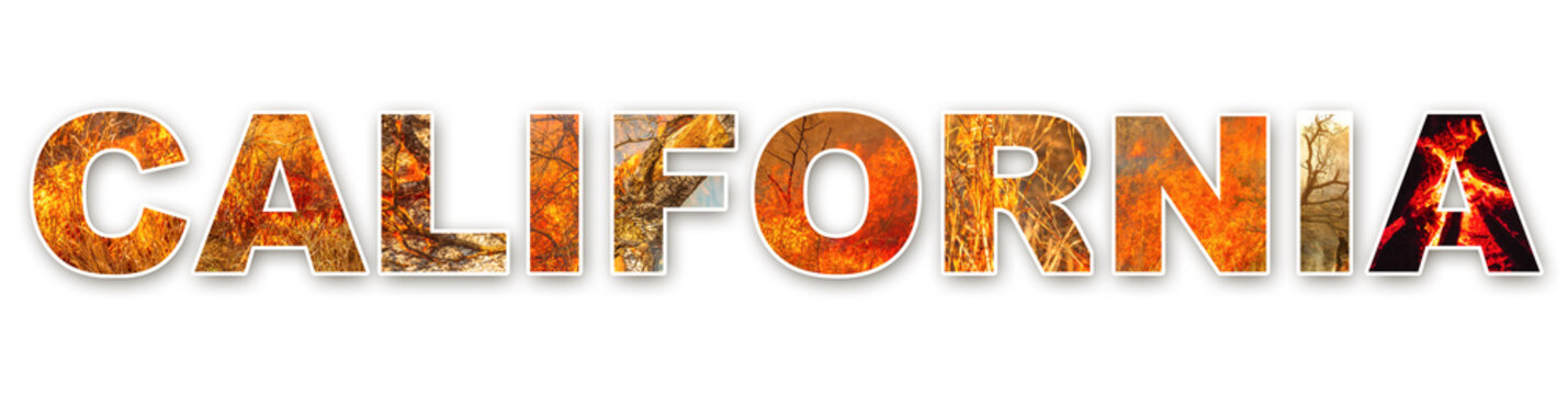 California text concept. California written with different fire image inside the characters. The fires in California of 2018 are considered the most devastating and deadly ever seen in US state.