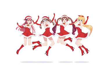 Joyful anime manga girls as Santa Claus in a jump