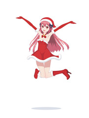 Joyful anime manga girl as Santa Claus in a jump