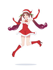Joyful anime manga girl as Santa Claus in a jump