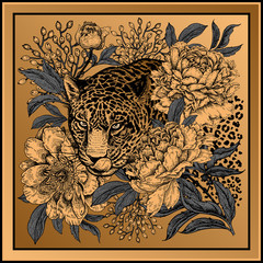 Print with animal leopard and flowers peonies.