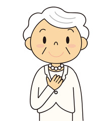 二頭身　白髪の女性　シニア　笑顔のおばあちゃん　白いスーツ　冠婚葬祭　