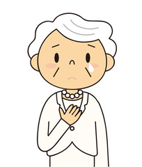 二頭身　白髪の女性　シニア　泣いているおばあちゃん　白いスーツ　冠婚葬祭