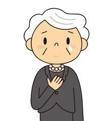 二頭身　白髪の女性　シニア　微笑みを浮かべ泣いているおばあちゃん　喪服　冠婚葬祭