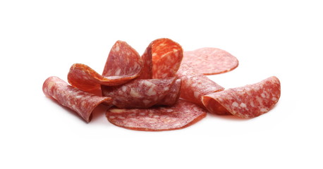 Salami sausage slices isolated on white background