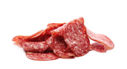 Salami sausage slices isolated on white background