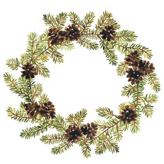 Watercolor wreath of spruce with pine cones. Christmas and New Year decoration