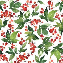 Christmas Watercolor seamless pattern with holly and red berries - 234238960