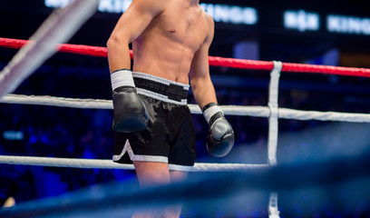 Fototapeta na wymiar hands of fighter boxing in gloves lays ropes of ring