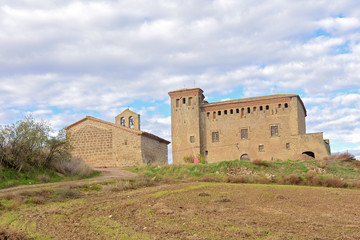 Fototapeta na wymiar Castel and Santa Anna church of Montcortes de Segarra, LLeida province, Catalonia, Spain