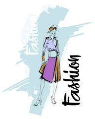 Fototapeta premium Fashion girl Sketch. Stylish fashion model. Pretty young girl.