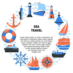 Sea travel round concept with ship icons in flat style