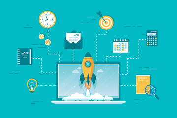 Business project startup, financial planning, idea, strategy, management, realization, success.Rocket launch from laptop, business plan, target, calendar, money, message, idea.  Vector