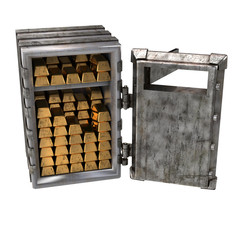 Old open safe with gold bars on an isolated white background. 3d illustration