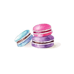 Color macarons on white background, watercolor hand drawn illustration