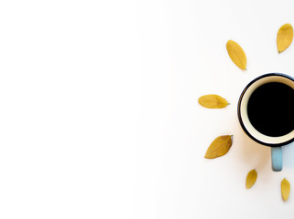 Coffee and leaves isolated white background. Relaxing still life and autumn concept.