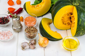 Lentils, pumpkins and spices, ingredients for cooking