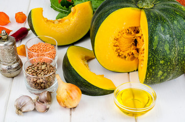 Lentils, pumpkins and spices, ingredients for cooking