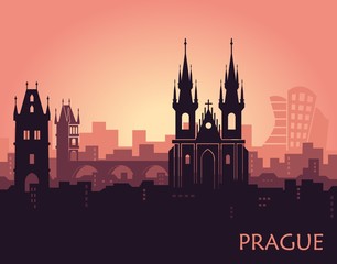 Landscape of Prague with sights. Abstract skyline