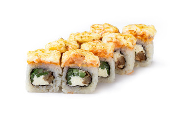 Japanese sushi rolls with minced salmon, cream cheese and cucumber decorated with hot cheese lava isolated at white background.