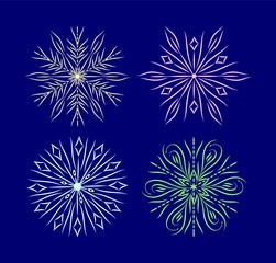 set of different color snowflakes on blue background