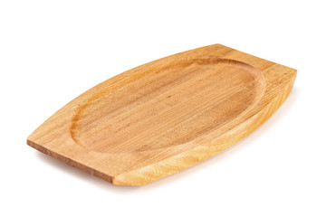 Closeup wooden cutting board isolated at white background.