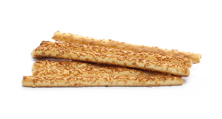 Cracker pretzel bread sticks with sesame isolated on white background