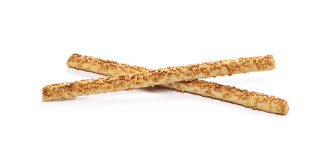 Cracker pretzel bread sticks with sesame isolated on white background