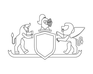 Heraldic Shield Minotaur and winged lion and Knight Helmet. Fantastic Beasts. Template heraldry design element. Coat of arms of royal family