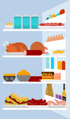 Open fridge Inside view. lot of food. Refrigerator