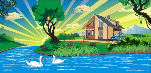 Landscape - the house by the river with swans