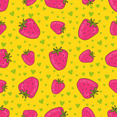 Strawberries seamless pattern with green hearts. Modern wrapping paper. Textile print, interior decor. Wallpaper pattern design with pink strawberry on yellow background.