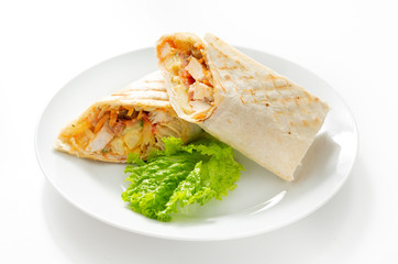 Shawarma in a plate on a white background