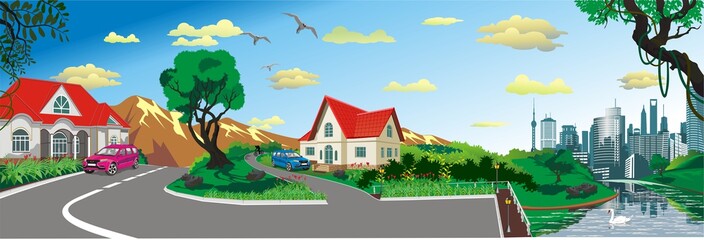 Landscape - rural village at the pond, panorama vector