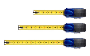 Blue tape measure tool, isolated on white background