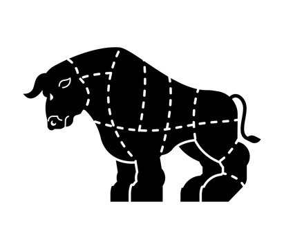 Cut of meat Bull. Ox silhouette scheme lines of different parts meat. How to cut flesh beef. Poster Butchers diagram for meat stores. Barbecue and steaks, delicacy dishes.
