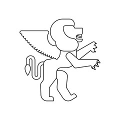 Winged lion Heraldic animal linear style. Leo with wings. Fantastic Beast. Monster for coat of arms. Heraldry design element.