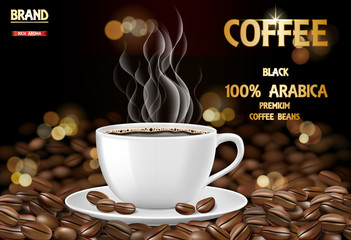 Arabica coffee cup with smoke and beans ads. 3d illustration of hot arabica coffee mug. Product package design background. Vector